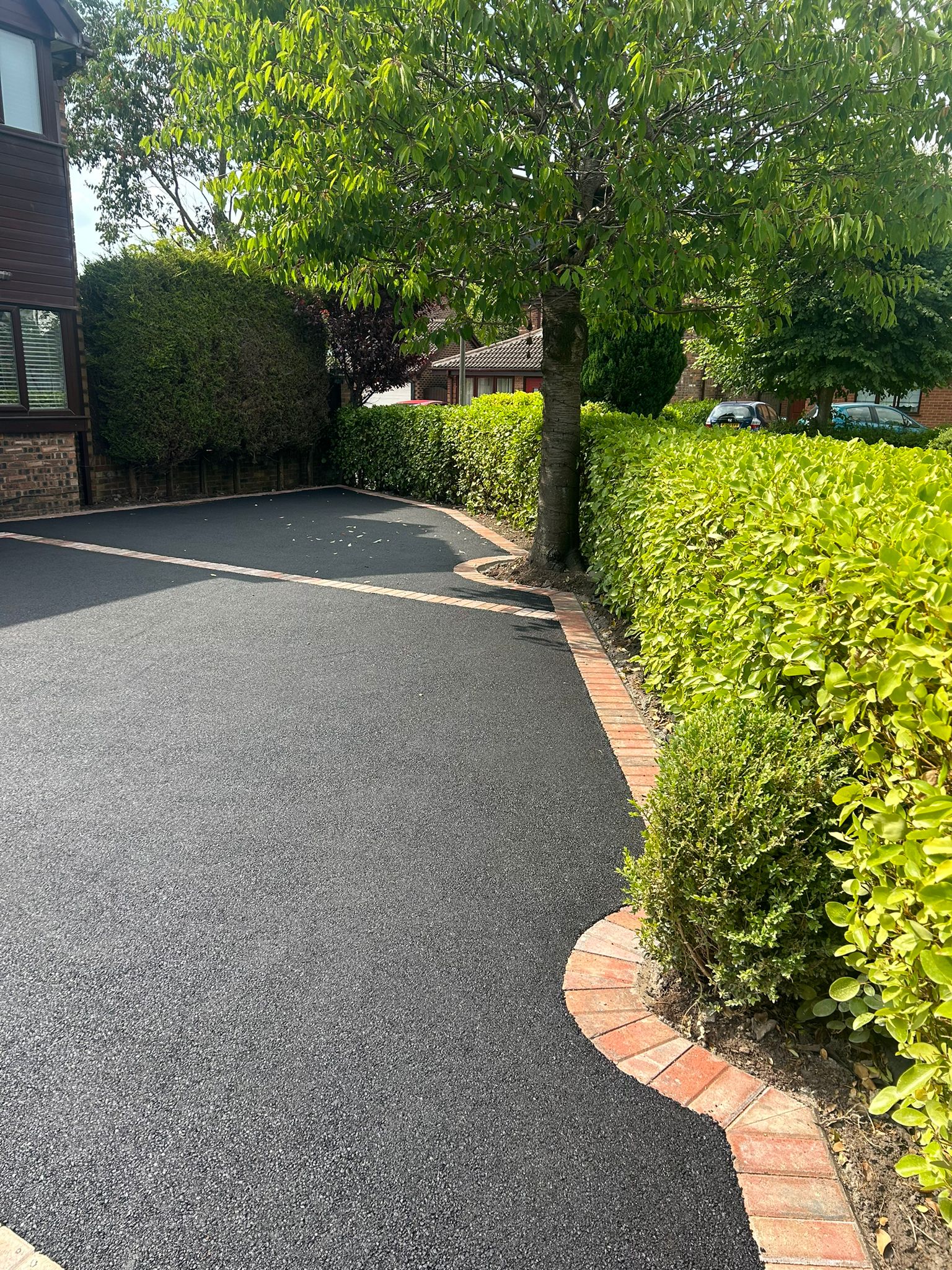 Tarmac driveway with border looking out from the front
